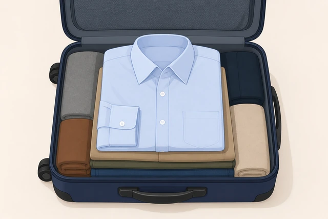 Illustration: dress shirt placed on top of packed suitcase layers