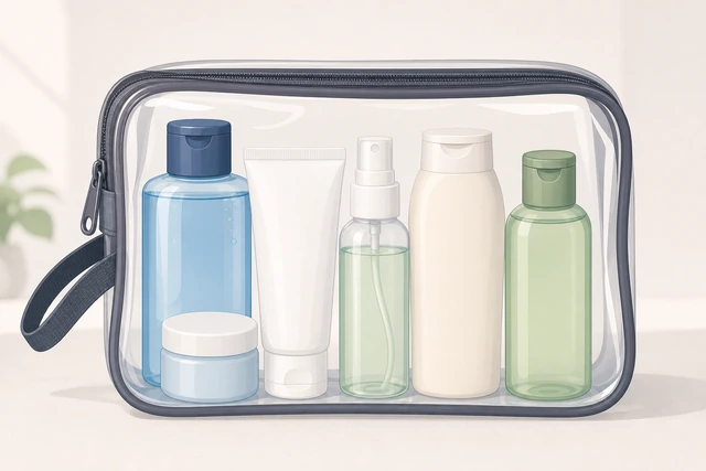 Illustration: toiletries in a clear bag with caps secured