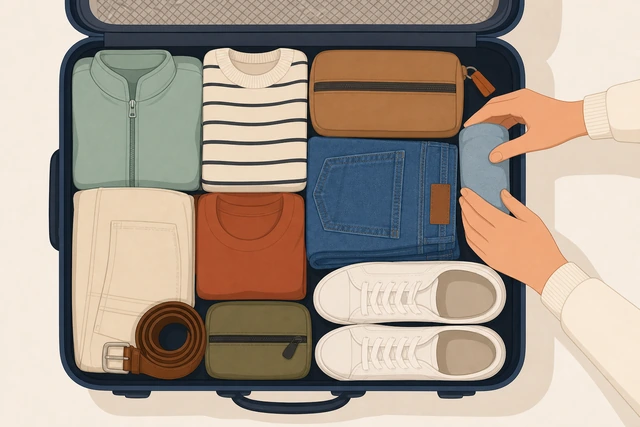Illustration: filling last gaps in a packed suitcase so contents are snug