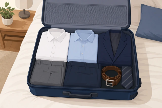 Illustration: placing dress clothes as the top suitcase layer