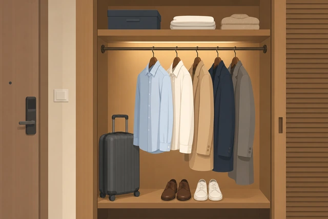 Illustration: hanging clothes in a hotel closet on arrival