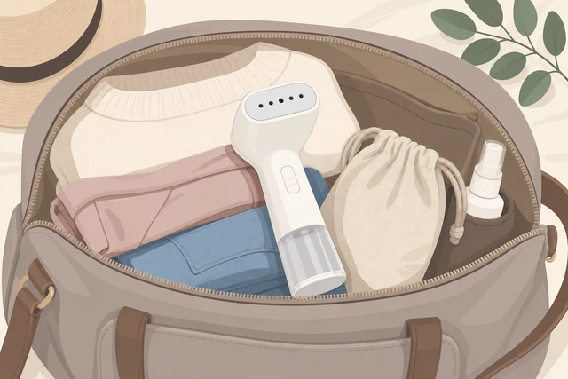 Illustration: compact travel steamer or wrinkle-release spray in bag