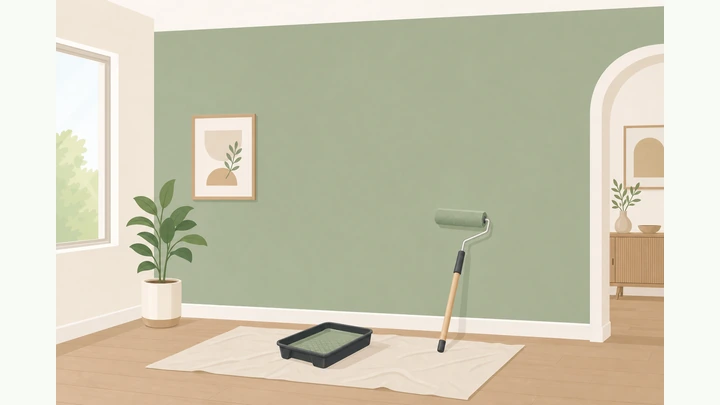 Illustration: freshly painted interior room wall with roller and tray