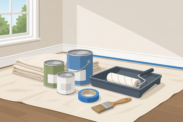 Illustration: paint cans roller brush tape drop cloths staged for painting a room