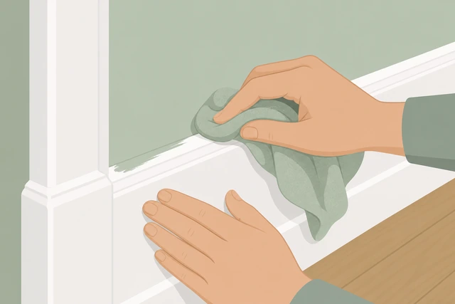 Illustration: wiping fresh wall paint off trim with a damp cloth