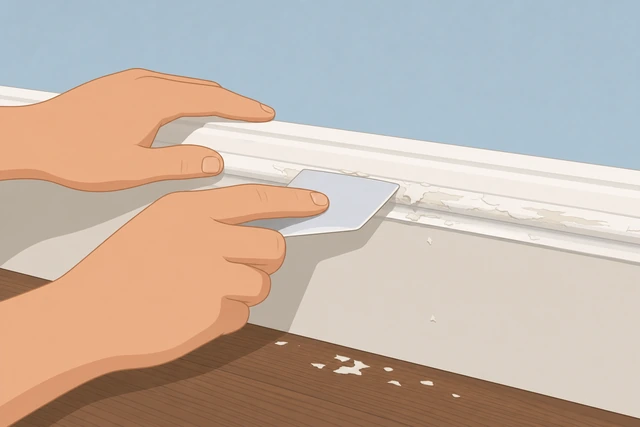 Illustration: carefully scraping dried paint off trim with a flat razor