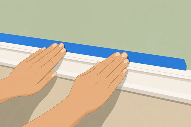 Illustration: pressing fresh painters tape firmly along trim before touch-up