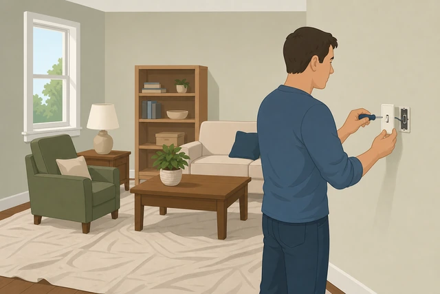 Illustration: room with furniture moved drop cloths down and switch plates removed