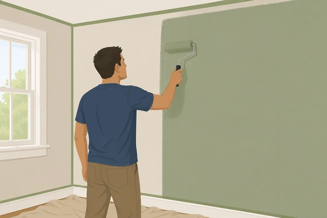Illustration: applying a second coat of wall paint with roller after drying