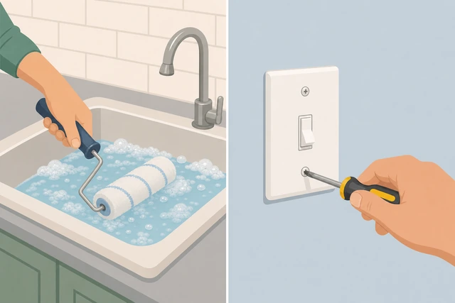Illustration: washing paint roller and replacing switch plates after painting
