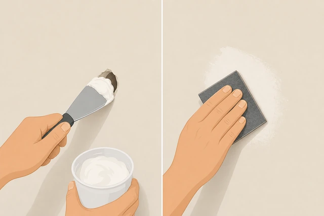 Illustration: filling a small wall hole then sanding and wiping dust