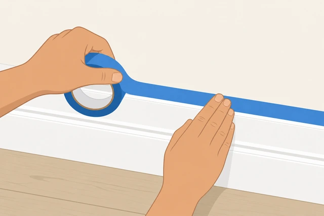 Illustration: applying painters tape along baseboard and ceiling line