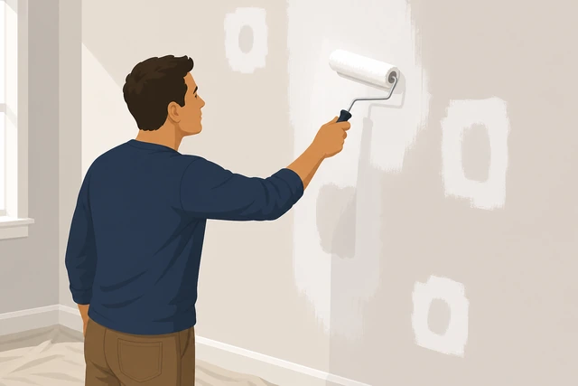 Illustration: rolling primer on patched wall areas before paint