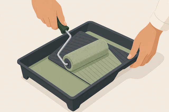 Illustration: loading a paint roller in a tray without dripping