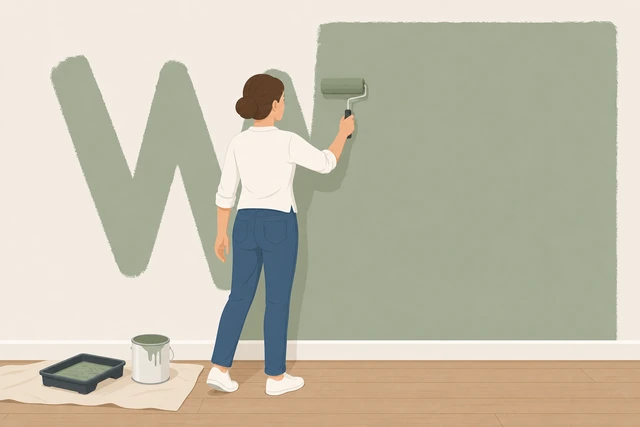Illustration: rolling a W pattern of wall paint then filling the section