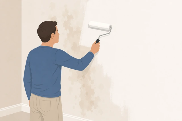 Illustration: applying stain-blocking primer to a blotchy wall