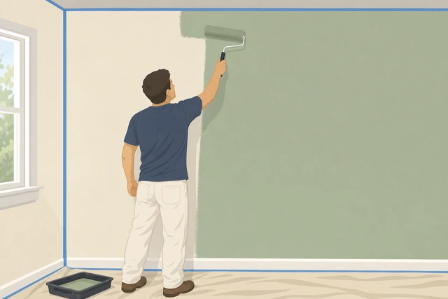 Illustration: rolling another full even coat of wall paint