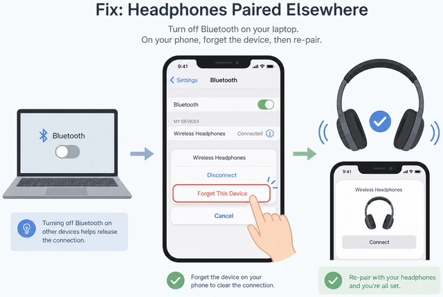 Illustration: Forget This Device on a second phone, then re-pair flow on the primary phone
