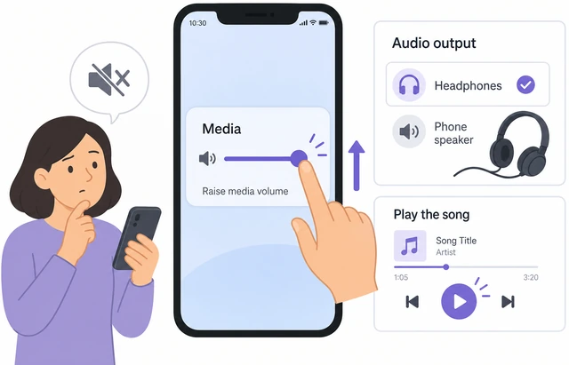 Illustration: pause and play on a music app next to both earbuds seated correctly in the ears