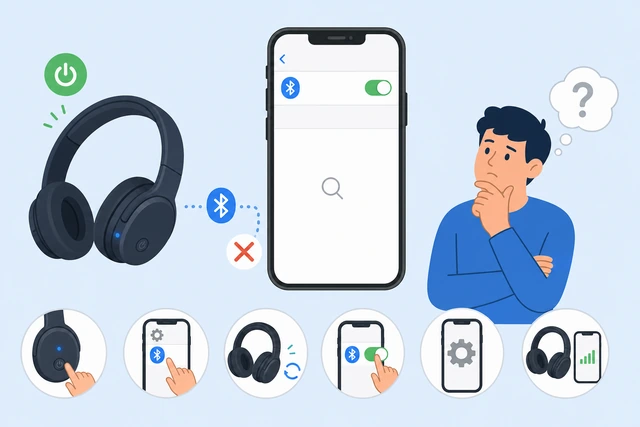 Illustration: headphones held near a phone while a pairing LED flashes steadily