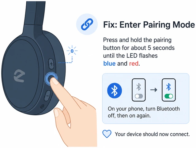 Illustration: Bluetooth toggle switched off then on beside a second phone as a backup test