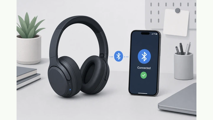 Illustration: wireless over-ear headphones next to a phone Bluetooth screen showing Connected