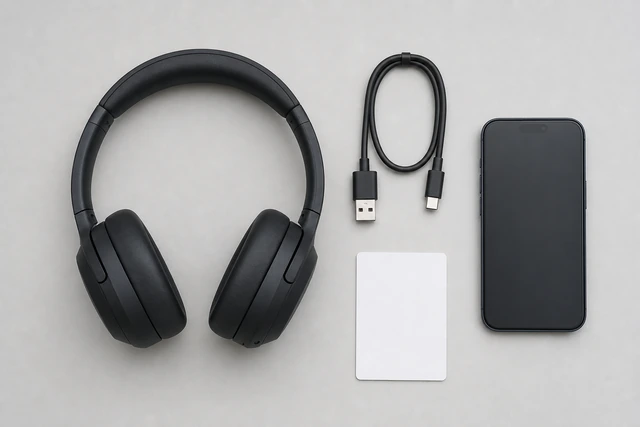 Illustration: checklist with headphones, unlocked phone, and pairing-button callout