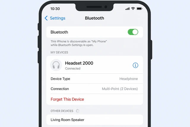 Illustration: Bluetooth device info screen with Forget This Device option highlighted