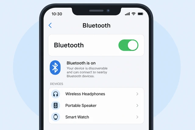 Illustration: phone Settings screen with Bluetooth toggle switched on