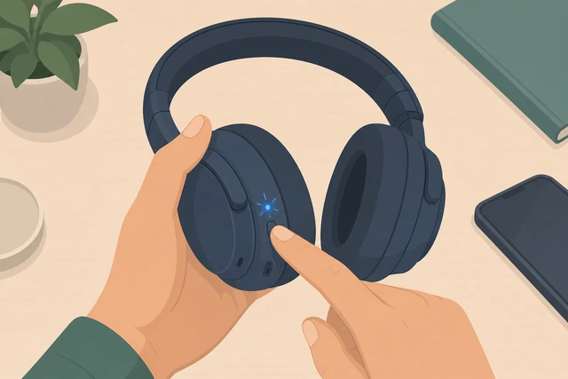 Illustration: finger holding a headphone button while a pairing LED flashes