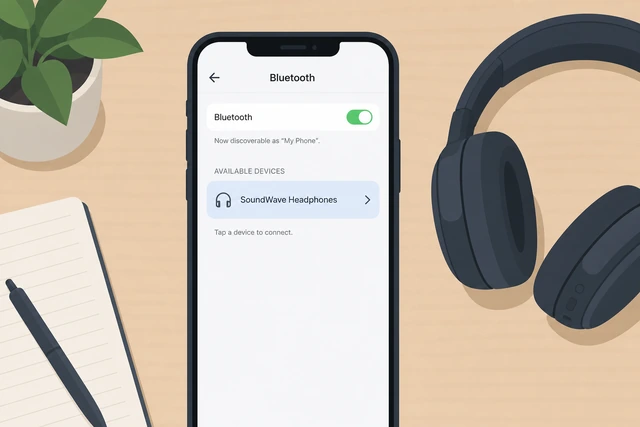 Illustration: phone Bluetooth list showing a headphone model name under Other Devices