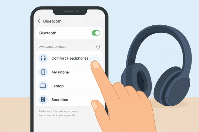 Illustration: finger tapping a headphone name row in the Bluetooth device list