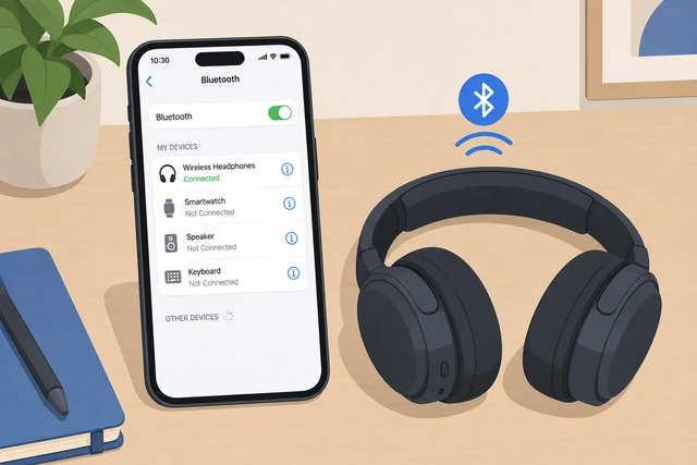 Illustration: Bluetooth My Devices list with headphones labeled Connected