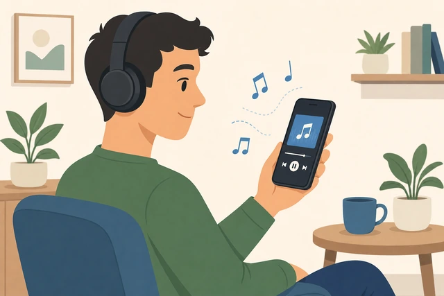 Illustration: person wearing headphones while a phone plays a short video with sound waves to the buds