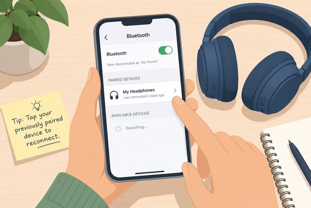 Illustration: phone Bluetooth My Devices list with a previously paired headphone name ready to tap