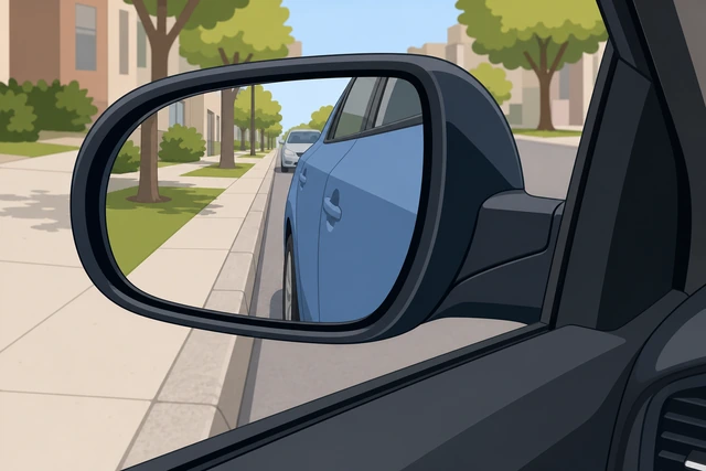 Illustration: side mirror view showing thin gap between tire and curb