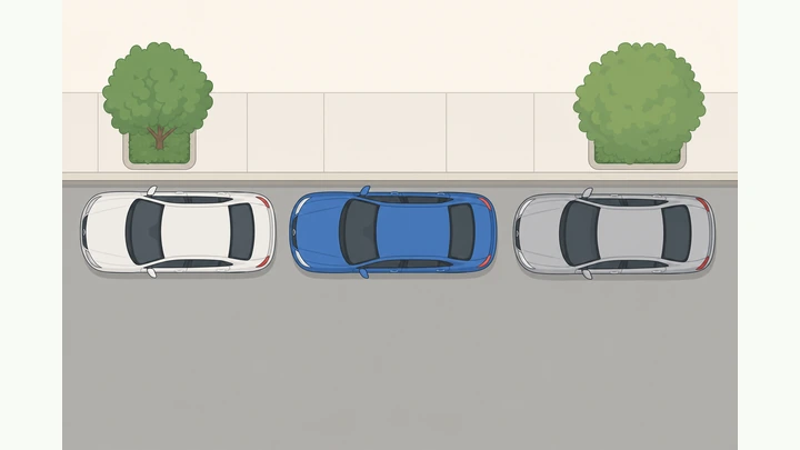 Illustration: car successfully parallel parked between two cars at the curb