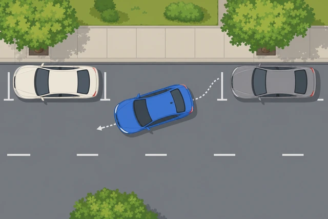 Illustration: car creeping slowly in reverse beside parked cars for parallel parking
