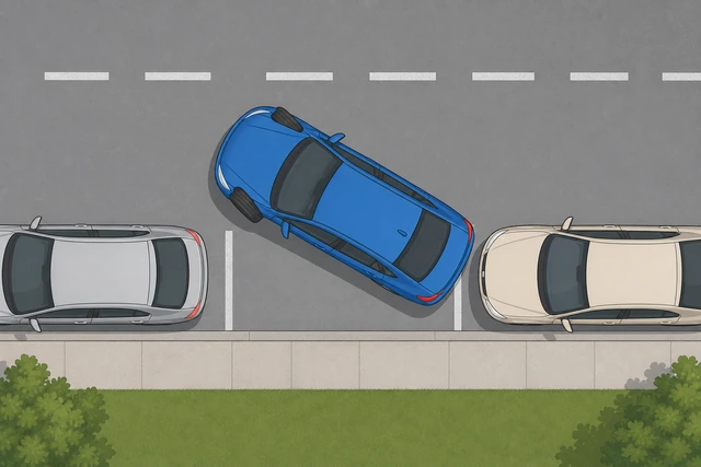 Illustration: turning steering wheel full toward curb as rear bumper clears front car