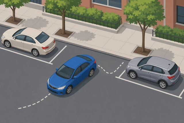 Illustration: car at about 45 degree angle entering parallel parking space