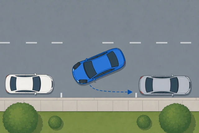 Illustration: turning wheel full away from curb to swing front of car into parallel spot