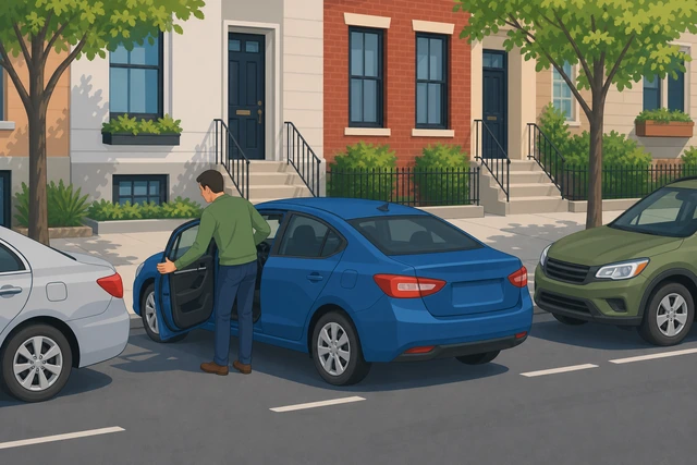 Illustration: putting parallel parked car in park with signal off and door clearance check