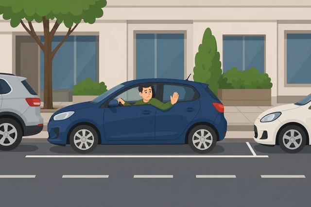 Illustration: driver declining a parking space barely longer than the car