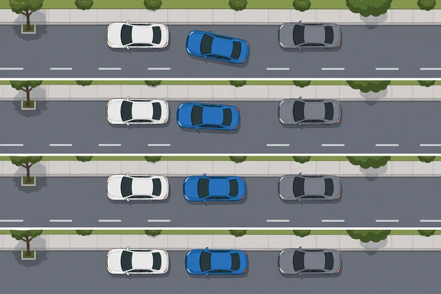 Illustration: multiple pull-forward adjustments in a tight parallel spot when traffic allows