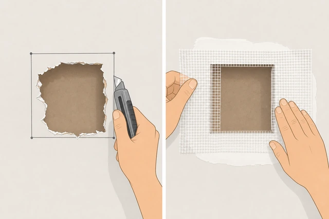 Illustration: squaring a drywall hole with utility knife and applying self-adhesive mesh patch
