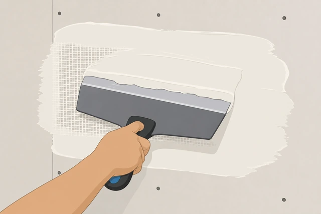 Illustration: putty knife feathering joint compound wide over mesh patch on drywall