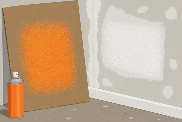 Illustration: aerosol orange-peel texture test on cardboard beside a patched drywall wall