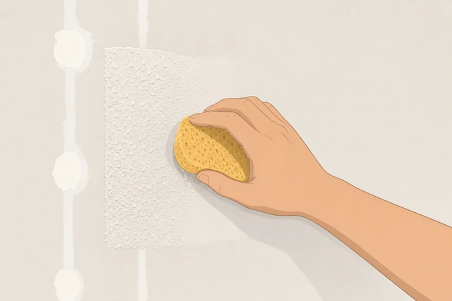 Illustration: damp sponge knocking down heavy texture spot before primer on patched wall