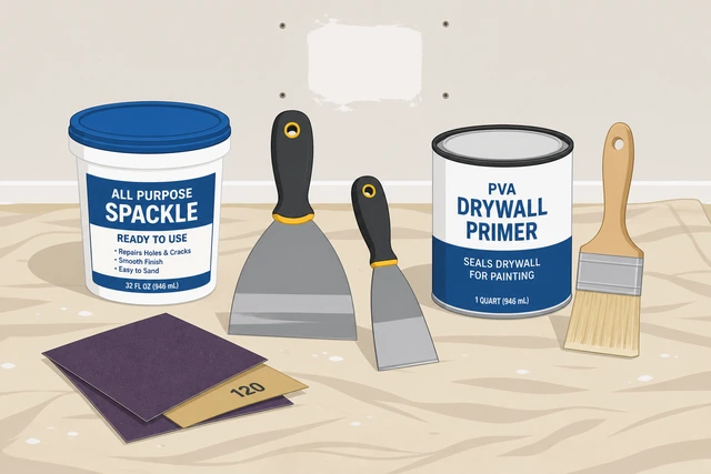 Illustration: small nail hole in drywall with drop cloth, spackle tub, putty knives, and sandpaper laid out