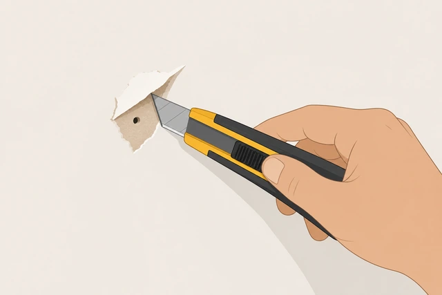 Illustration: fingers removing loose drywall paper around a small nail hole